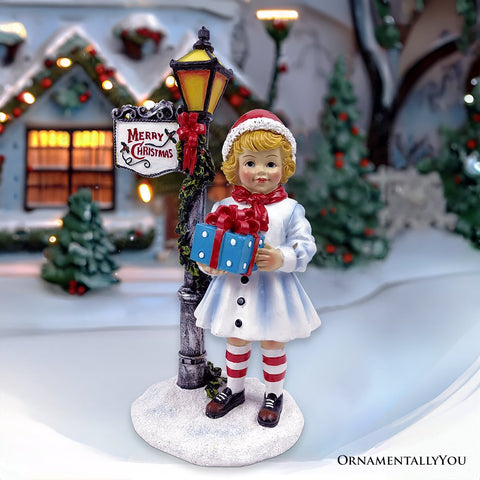 Victorian Style Christmas Girl and Street Lamp Tabletop Figurine, 8" Vintage Holiday Statue of a Gift Carrying Belle