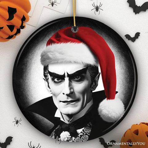 Vintage Dracula with a Santa Hat Ceramic Ornament, Horror Themed Christmas Decor for Halloween Tree