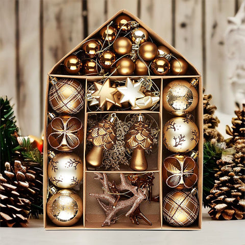 Vintage Woodland Ornament Large Bauble Set, 70 Ornaments with Woods Theme, Brown and Beige Colors