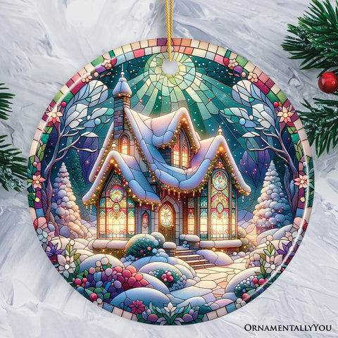 Whimsical Cottage Stained Glass Style Ceramic Ornament, Christmas Gift and Decor