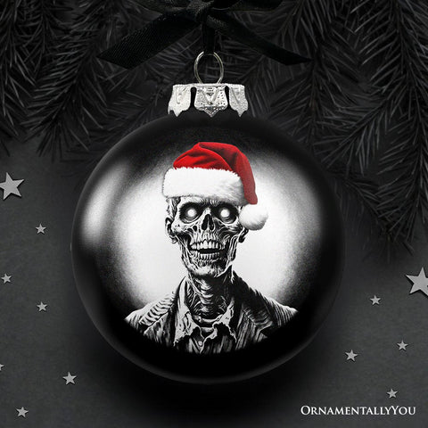 Zombie Christmas Spooky Portrait Glass Ornament, Black Horror Halloween Tree Decoration