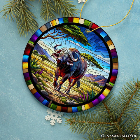African Buffalo Wildlife Encounter Stained Glass Style Ceramic Ornament, Safari Animals Christmas Gift and Decor