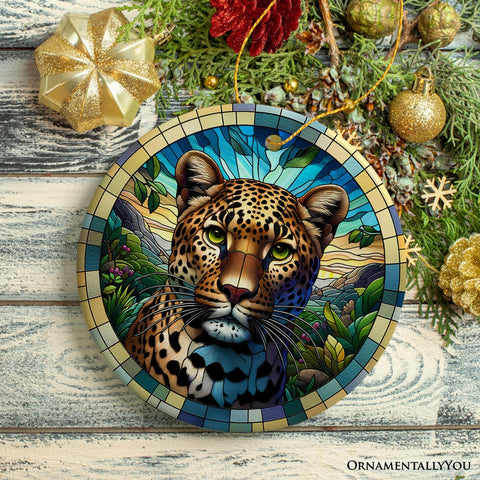 African Leopard Expedition Stained Glass Style Ceramic Ornament, Safari Animals Christmas Gift and Decor