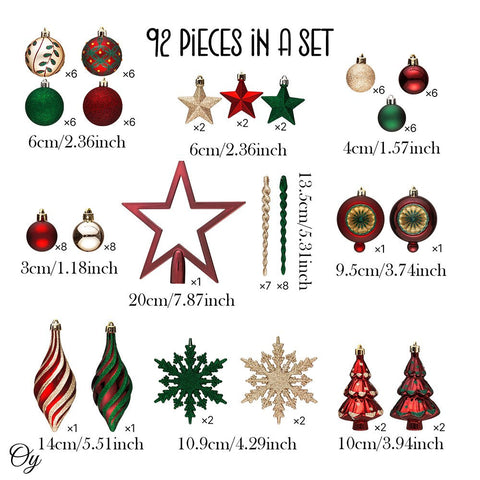 Alluring Large Christmas Ornament Set, Unique Red Green and Gold Baubles, 92 Charms and Snow Covered Trees with Dark Red Tree Topper