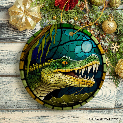 Artistic Wetlands Alligator Ceramic Ornament, Stained Glass Theme Nature Art of Swamp Animal