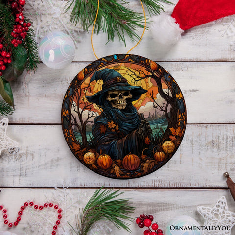 Bewitching Skeletal Sorcery Stained Glass Style Ceramic Ornament, Halloween Themed Christmas Gift and Decor