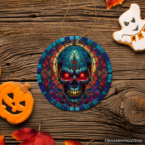 Bone-Chilling Spooky Skull Stained Glass Style Ceramic Ornament, Halloween Themed Christmas Gift and Decor