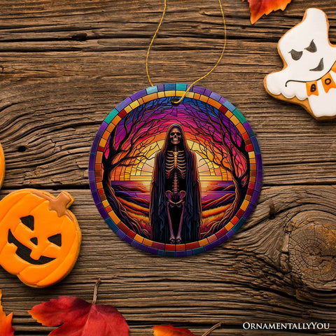 Bony Fright Halloween Skeleton Decor Stained Glass Style Ceramic Ornament, Halloween Themed Christmas Gift and Decor