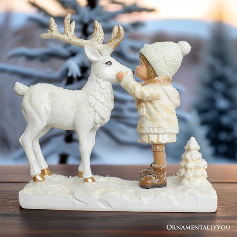 Charming Deer and Little Girl Figurine, 7.5" Vintage Christmas Garden Statue
