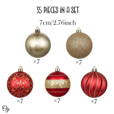 Charming Set of 35 Red and Gold Color Ornament Baubles, Christmas Tree Set