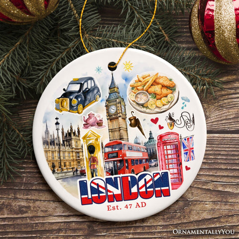 Classic London Artwork City Full of Landmarks Ornament, Vintage Souvenir of England