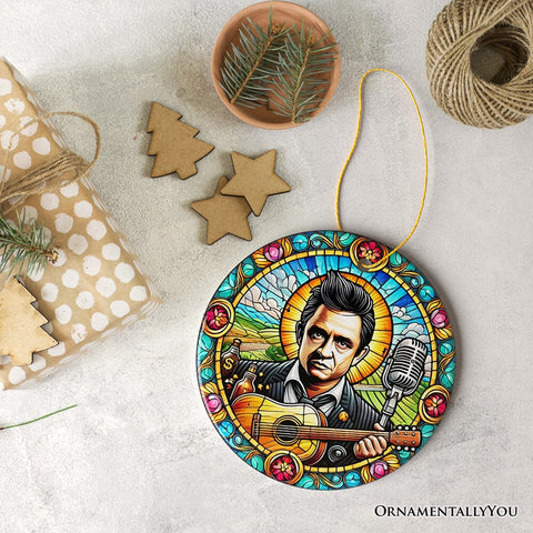 Country Rockin Stained Glass Ceramic Christmas Ornament, Vintage Pop Art and Johnny Cash