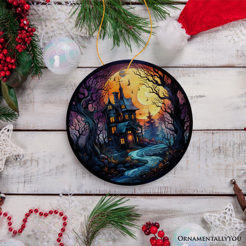 Eerie Abode Amidst Spooky Trees Stained Glass Style Ceramic Ornament, Halloween Themed Christmas Gift and Decor