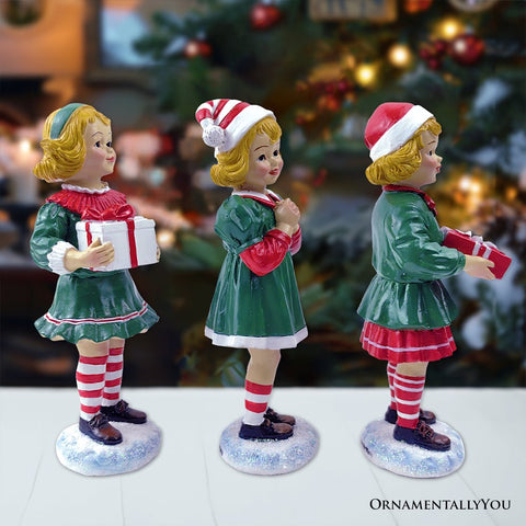 Elegant Victorian Christmas Girl Set of Three Figurines, 6" Holiday Home Decor