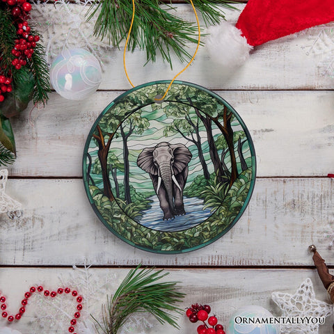 Elephant Elegance Stained Glass Style Ceramic Ornament, African Animals Christmas Gift and Decor