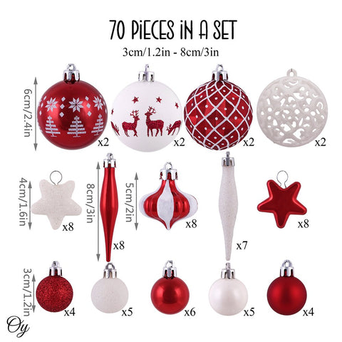Endearing Prominent Red and White Christmas Ornament Set, Bauble Bundle with Candycane Colors and Patterns 70 Pieces