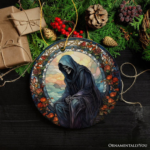 Ethereal Revenant: Halloween Angel of Death Stained Glass Style Ceramic Ornament, Halloween Themed Christmas Gift