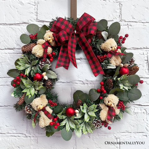 Exquisite Plaid Bow and Bears 20" Christmas Wreath, Holiday Door Decoration