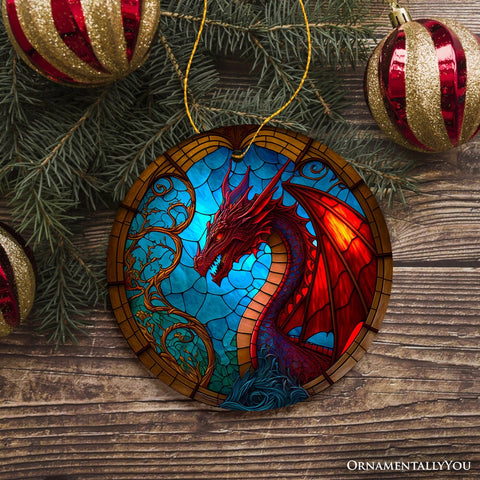 Fierce Dragon Stained Glass Style Ceramic Ornament, Unique Goth Tree Decor
