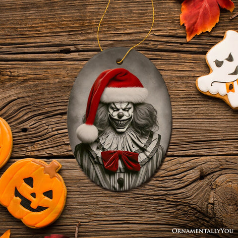 Frightening Clown with Santa Hat Ornament, Terrifying Holiday Keepsake for Spooky Tree Decor