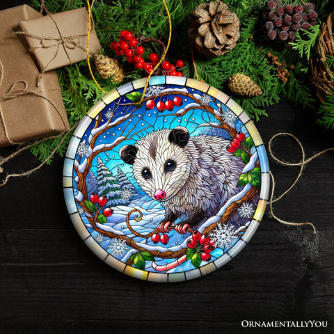 Frosty Possum in Berry Branches Ornament, Playful Winter Wonderland for Holiday Tree Decor