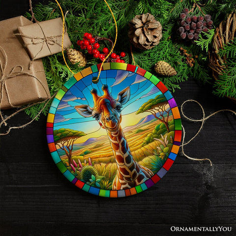 Giraffe Grace Stained Glass Style Ceramic Ornament, African Animals Christmas Gift and Decor