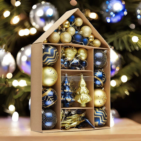 Glam and Glittered Gold and Blue Elegant Christmas Ornament Set, 70 Assorted Balls, Trees, Snowflakes, and Royal Heart Pendants