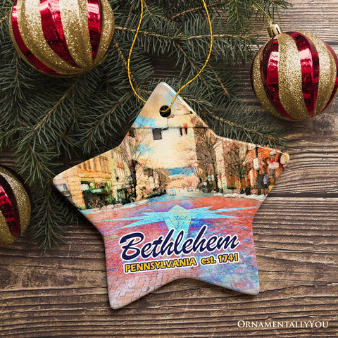Historical Bethlehem City Ceramic Ornament, Pennsylvania Travel Christmas Keepsake