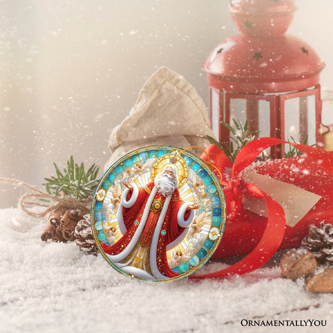 Majestic Holy Santa Stained Glass Themed Ceramic Ornament, Handcrafted Angelic Christmas Decor