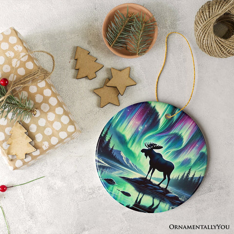 Majestic Moose Under Northern Lights Ornament, Gift for Enchanted Christmas
