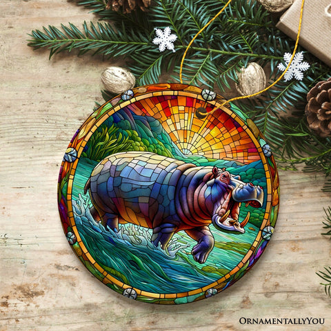 Mighty Hippopotamus Stained Glass Style Ceramic Ornament, African Animals Christmas Gift and Decor