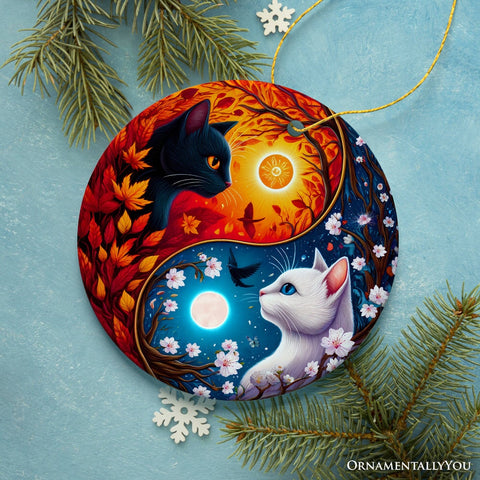 Mystical Seasons Yin and Yang Cats Ceramic Ornament, Gift for White and Black Kitten Lovers