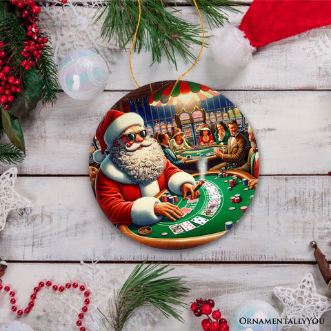 North Pole Poker Night Santa Claus at the Casino Christmas Ornament, High Roller Holiday Decor