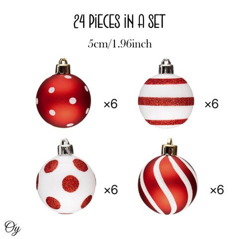 Polka Dot and Candycane Color Style Ornament Ball Bundle, Set of 24 Red and White Patterned Christmas Baubles