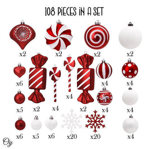 Premium Christmas Candy Red and White Large Ornament Set, Candycane Color 108 Piece Bauble Bundle