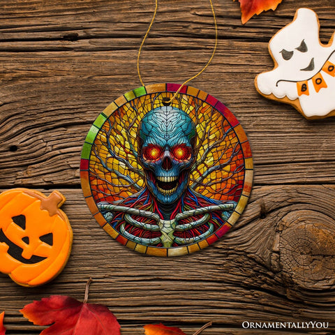 Red-Eyed Skeleton for Halloween Frights Stained Glass Style Ceramic Ornament, Halloween Themed Christmas Gift