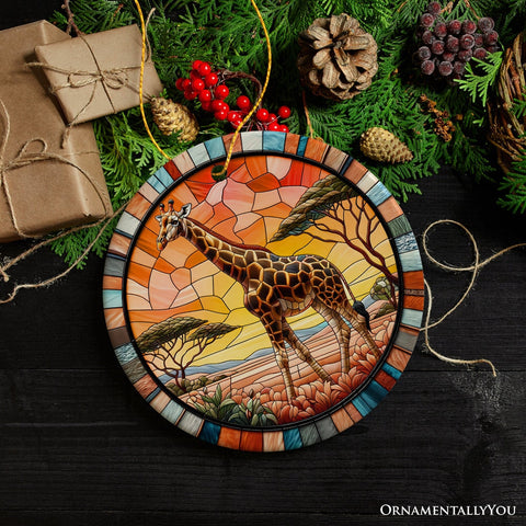 Serengeti Splendor Giraffe Stained Glass Style Ceramic Ornament, Safari Animals Christmas Gift and Decor