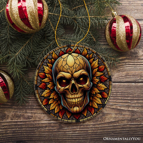 Spine-Chilling Haunting Skull Stained Glass Style Ceramic Ornament, Halloween Themed Christmas Gift and Decor