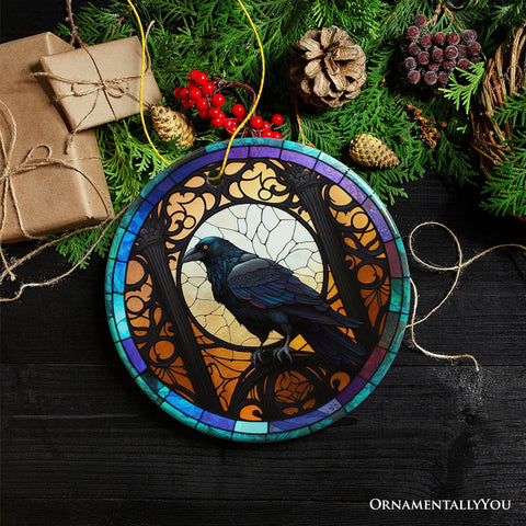 Stained Glass Creepy Dark Raven Ornament, Horror and Elegance