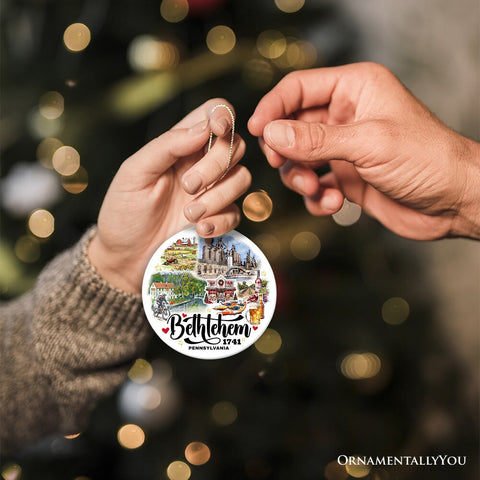 Artistic Bethlehem City Ceramic Watercolor Ornament, Pennsylvania State Colonial and Industrial Christmas Gift