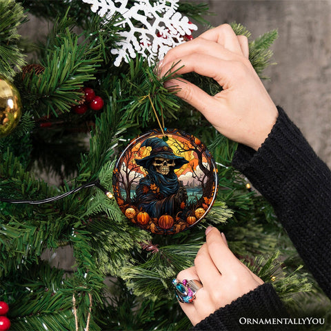 Bewitching Skeletal Sorcery Stained Glass Style Ceramic Ornament, Halloween Themed Christmas Gift and Decor