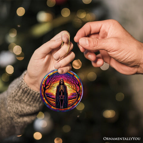 Bony Fright Halloween Skeleton Decor Stained Glass Style Ceramic Ornament, Halloween Themed Christmas Gift and Decor