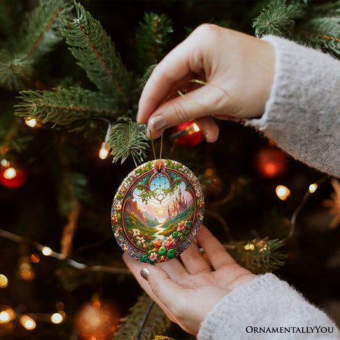 Castle Art with Lush Forest Stained Glass Style Ceramic Ornament, Christmas Gift and Decor