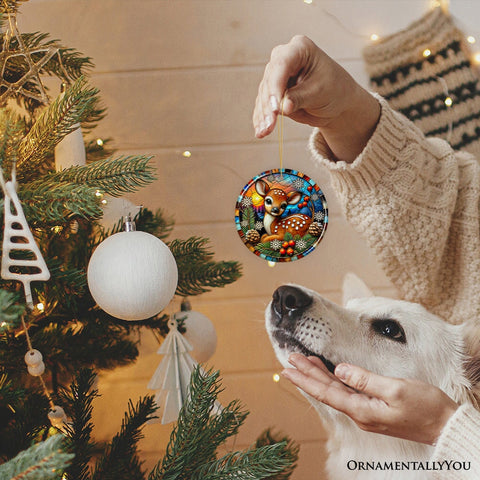 Charming Fawn in Snowy Sunset Ornament, Delightful Woodland Scene for Christmas Decor