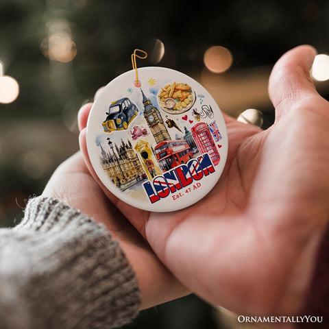 Classic London Artwork City Full of Landmarks Ornament, Vintage Souvenir of England