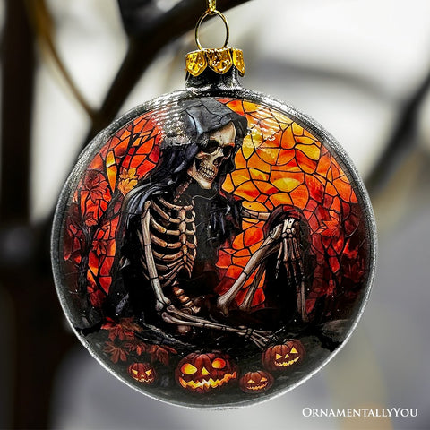 Creepy Stained Glass Skeleton and Raven Haunted Ornament, Halloween Horror and Christmas Tree Decor