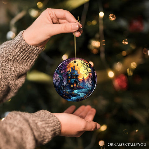 Eerie Abode Amidst Spooky Trees Stained Glass Style Ceramic Ornament, Halloween Themed Christmas Gift and Decor