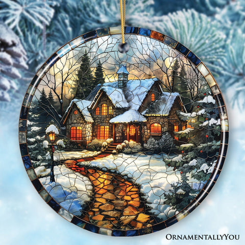 Elegant Rustic Winter Cabin Stained Glass Themed Ceramic Christmas Ornament, Vintage Tree Decoration