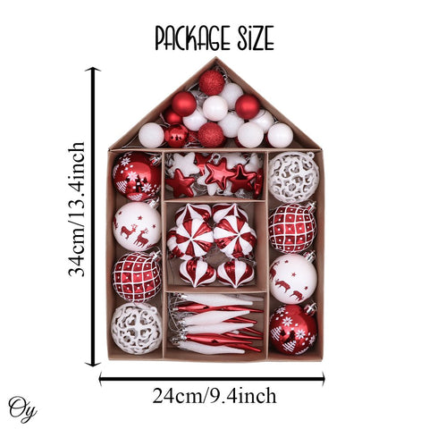 Endearing Prominent Red and White Christmas Ornament Set, Bauble Bundle with Candycane Colors and Patterns 70 Pieces