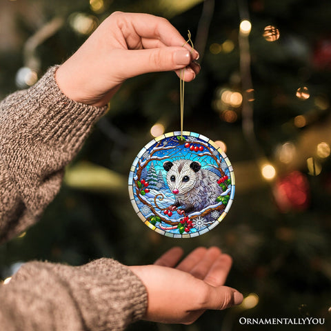 Frosty Possum in Berry Branches Ornament, Playful Winter Wonderland for Holiday Tree Decor